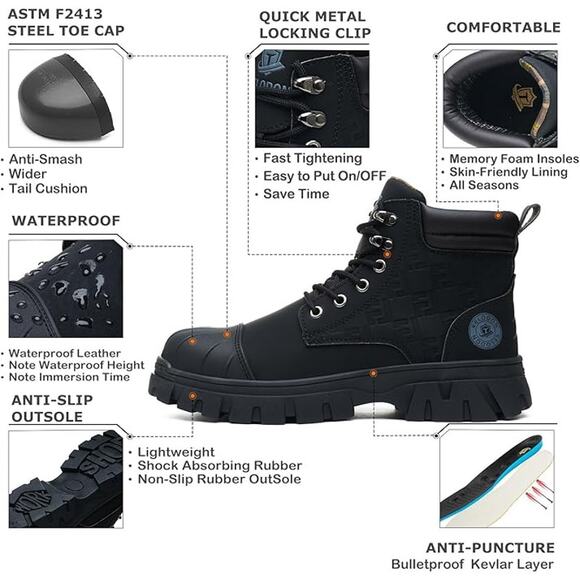 Kelodon Mens Size 9.5 Black Waterproof Steel Toe Memory Foam Non Slip Work Boots main image 10